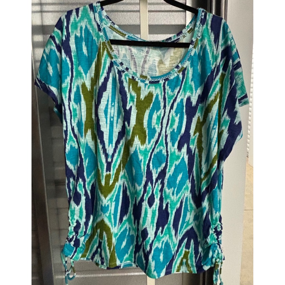 Lane Bryant Cool & Casual Cotton Slub Ikat Print Cinched Side Tee Blue Size 16